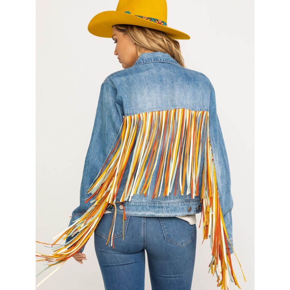 SCULLY WOMEN'S COLORFUL FRINGE DENIM JACKET EUC